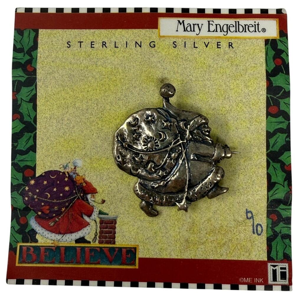 Vintage 80s Mary Engelbreit Sterling Silver Santa Brooch Pin